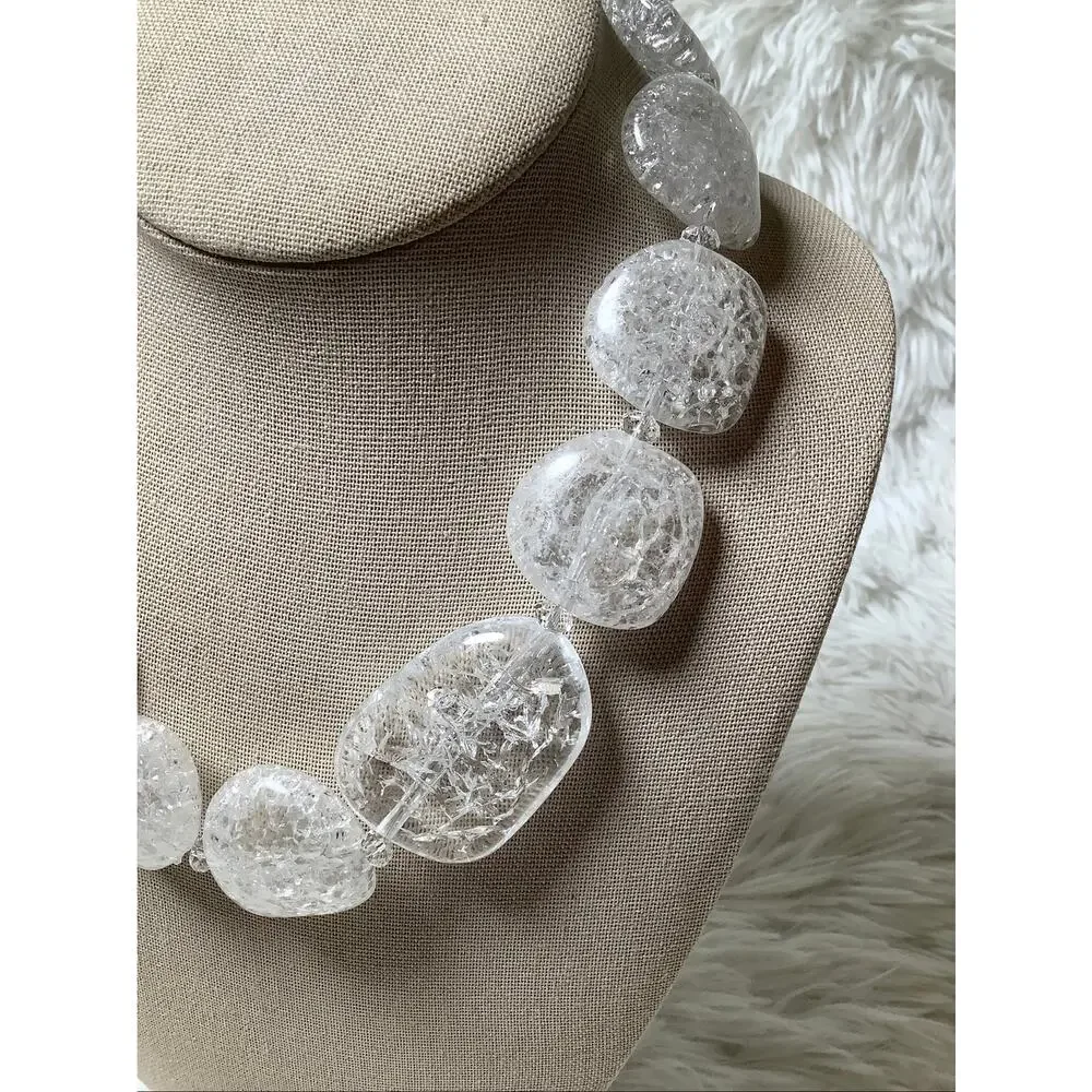 RJ Graziano Chunky Clear White Crackle Lucite Bead Statement Necklace F18-63